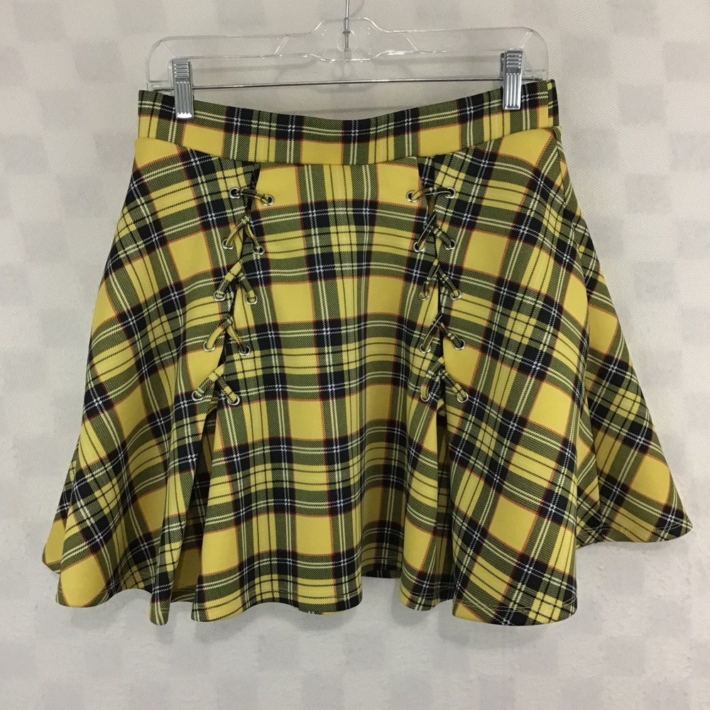 Hot Topic Yellow Plaid Lace Up Skater Skirt Large Clueless Style 90s A-Line